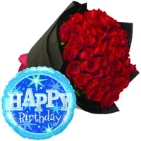 48 Red Roses With Birthday Mylar Balloon