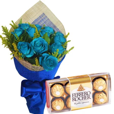 12 Blue Roses with Ferrero Rocher Box