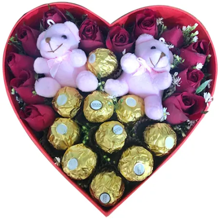 12 Roses with Mini Teddy and Chocolate in Box