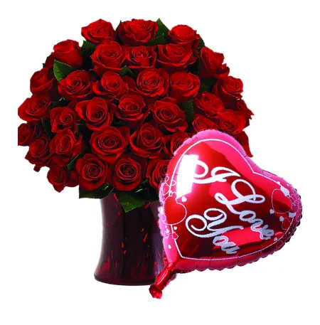 36 Red Roses In Vase With Love You Balloon