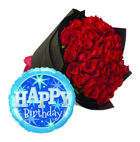 48 Red Roses With Birthday Mylar Balloon