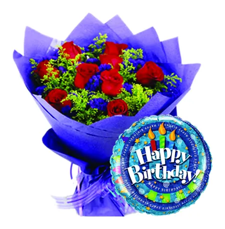 12 Red Roses With Birthday Mylar Balloon