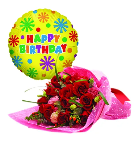 12 pcs red roses with bouquet & birthday balloon