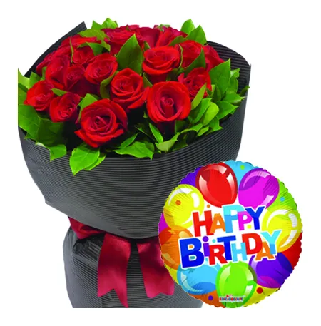 24 Red Roses With Mylar Birthday Balloon