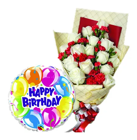 12 Pcs White Roses With Birthday Balloon