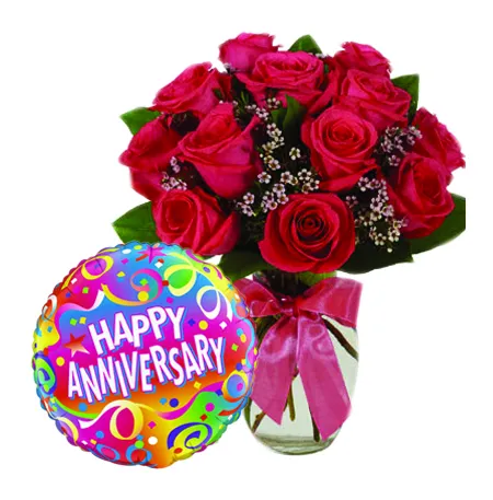 12 Rad Roses in Vase With Anniversary Mylar Balloon