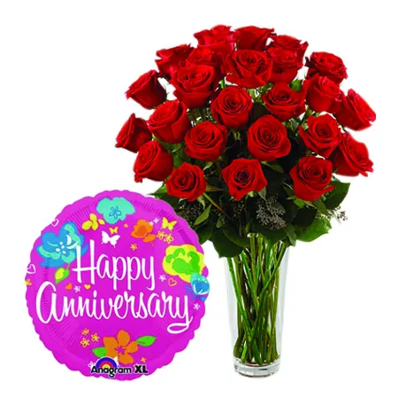 24 Red Roses in Vase With Anniversary Mylar Balloon